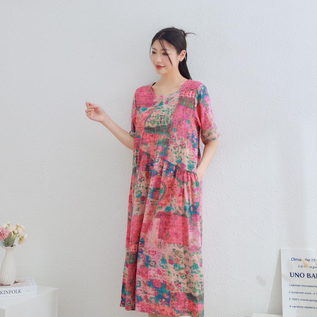 Dimanaf 2025 Women Plus Size Pink Summer Dress Casual Floral Dress Basic Vintage Loose Long Dress