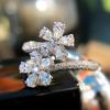 Adjustable Open Bypass Ring with Double Flower Design Pear-Cut Cubic Zirconia Stones Silver Tone Floral Statement Ring for Women