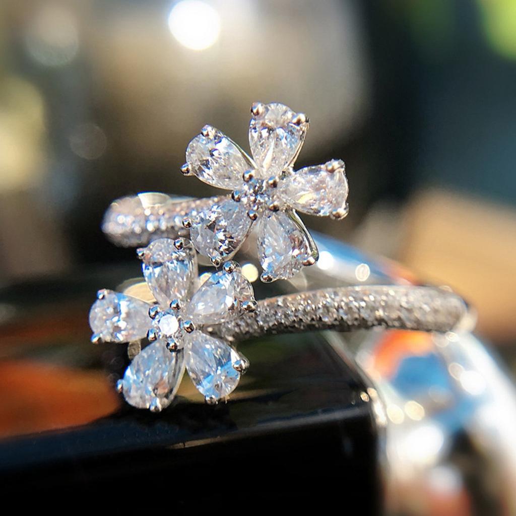 Adjustable Open Bypass Ring with Double Flower Design Pear-Cut Cubic Zirconia Stones Silver Tone Floral Statement Ring for Women