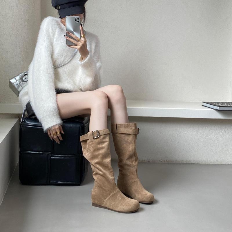Inner Height Increase Small Suede Stacking Boots Medium Tube Knight Boots Women's Shoes 2025 New Autumn and Winter Medium Tube Boots Children