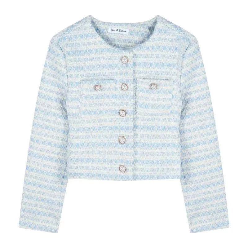 

Осень-зима Женский элегантный твидовый кардиган Короткое пальто Карманный однобортный пиджак Женская утягивающая темпераментная верхняя одежда Универсальный топ XS синий