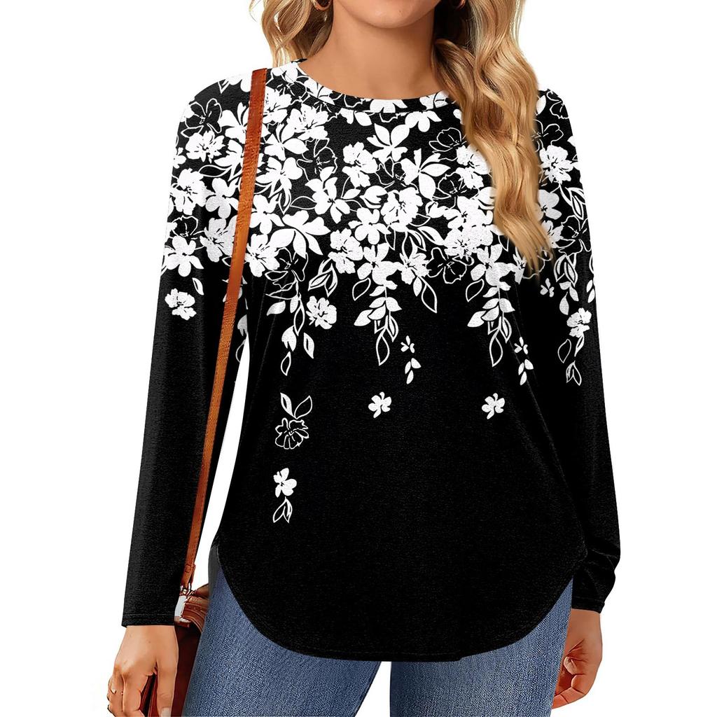 Womens Plus Size Tops Long Sleeve Shirts Round Neck Flowy Tunic Casual Loose Blouse L-5X