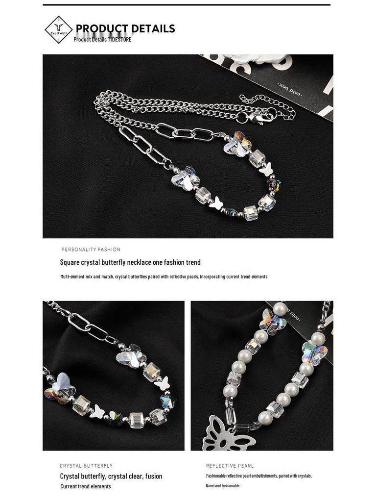Urban Hip Hop Pearl & Crystal Reflective Stainless Steel Necklace - Titanium Clavicle Chain for Couples