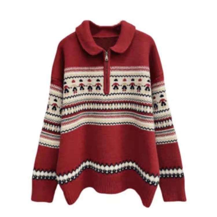 Women's Christmas Red Rat Design Jacquard Half-Zip Sweater - Autumn/Winter Lazy Soft Style