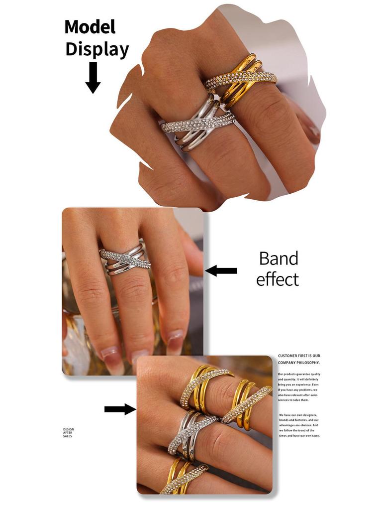 18k Gold-Plated Vintage Criss-Cross Diamond-Set Ring - European & American Chic Style, Non-Fading Stainless Steel.