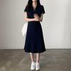 Women's Summer Retro Korean POLO Collar Color Block Slimming A-Line Dress