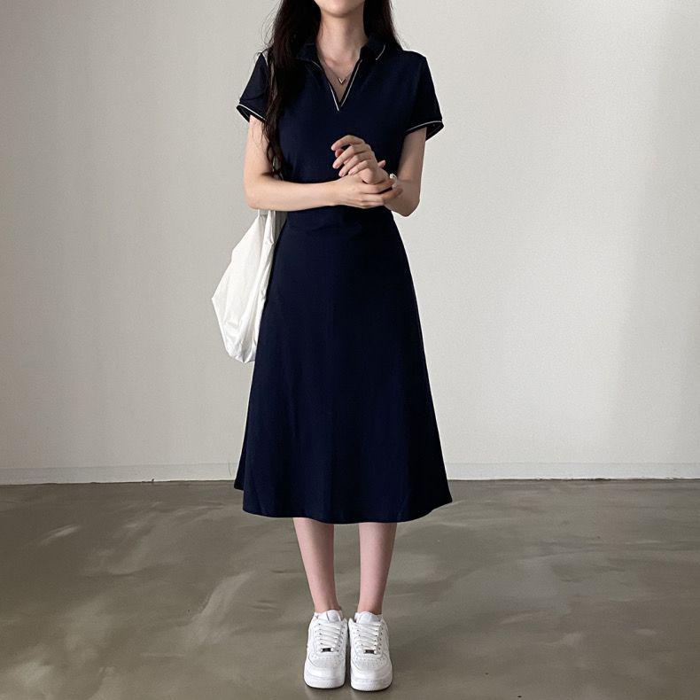 Women's Summer Retro Korean POLO Collar Color Block Slimming A-Line Dress