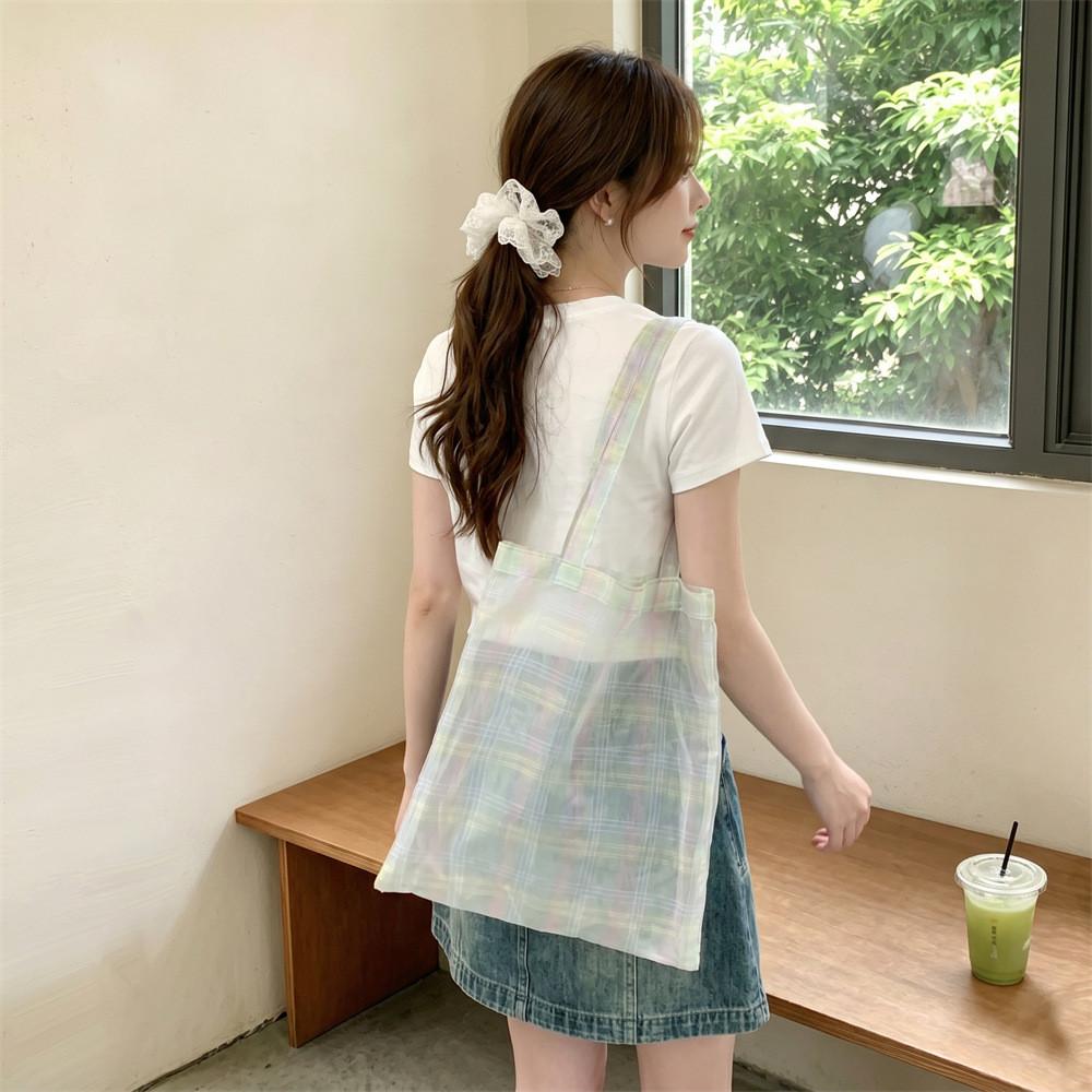 Macaron Plaid Fabric Tote Bag With Open Top For Casual Summer Outings