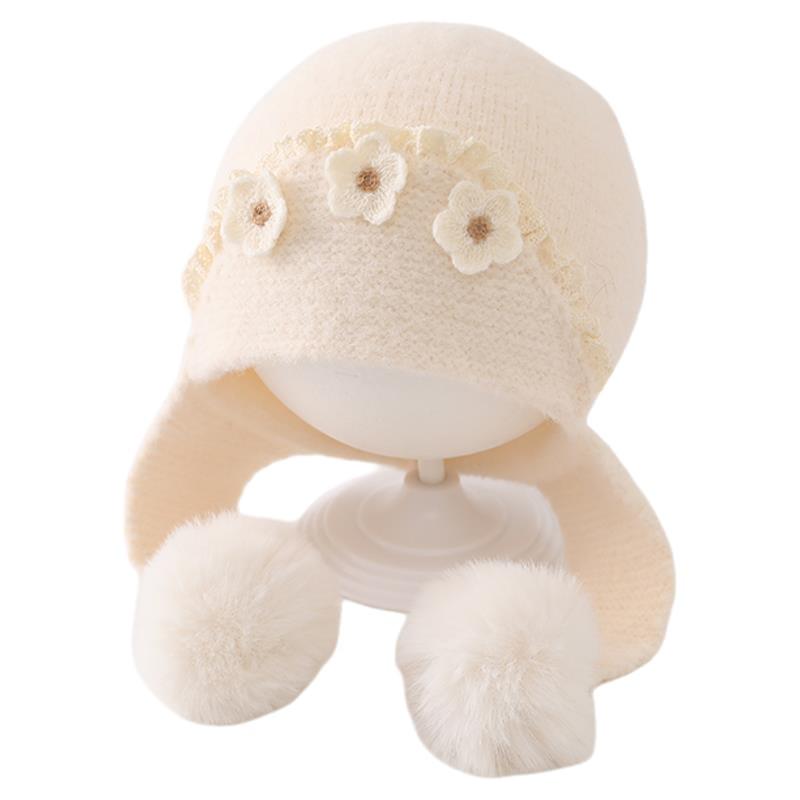 Cozy Floral Knit Wool Hat with Ear Protection for Baby Girls - Autumn/Winter