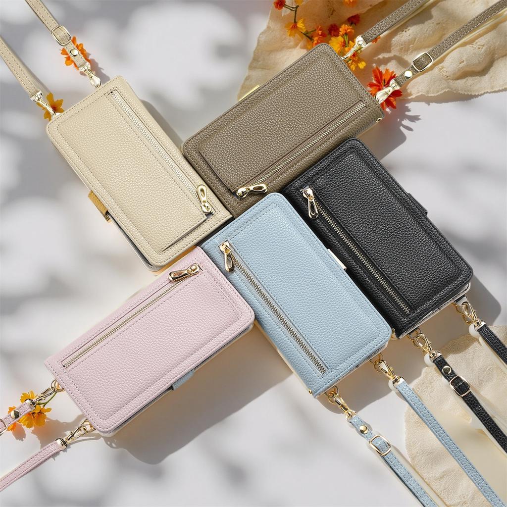 Skórzane etui na telefon dla serii Samsung Galaxy S23-S25 / serii A14-A56 z kieszonką na monety, przegródką na karty, lusterkiem i podstawką – wiele kolorów