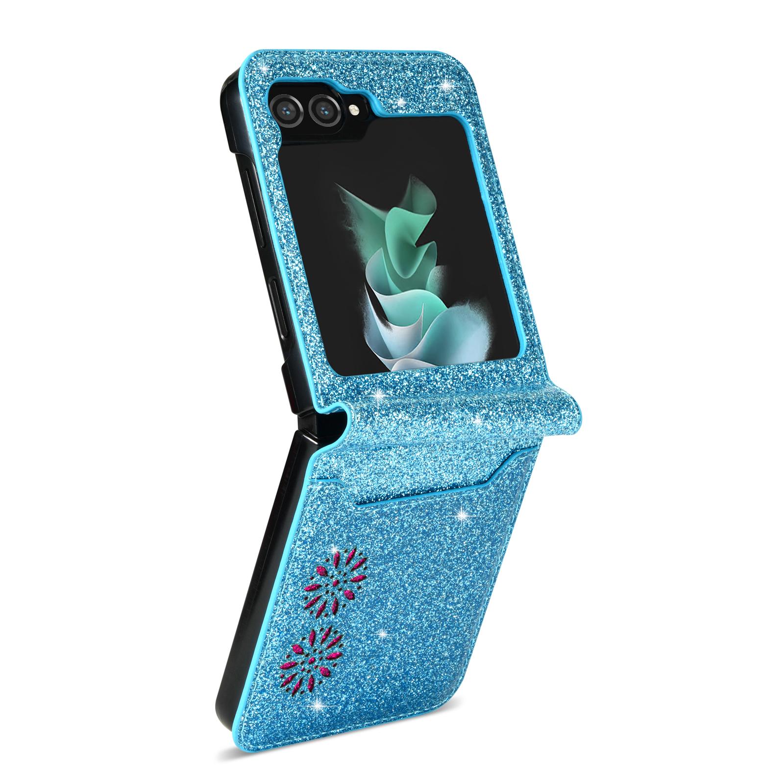 

For Samsung Galaxy Z Flip5 5G PU Leather+PC Card Slot Case Laser Carving Glittery Starry Style Phone Cover Black