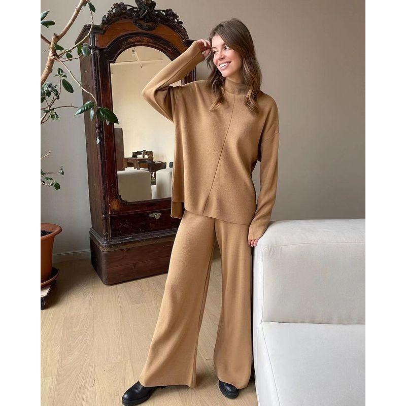 

Fashion Loose Casual Sweater Knitting Top and Trousers Suit Knited Sweater Trousers Set Khaki Suit One size