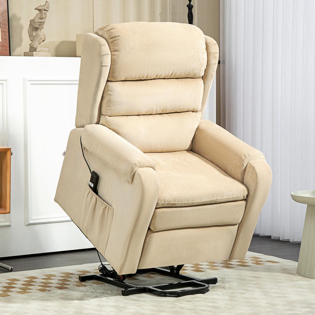 Riser Recliner Armchair Reclining To 160 Degrees with Footrest and Remote Control, In Velvet, 85x88x109 Cm, Cream