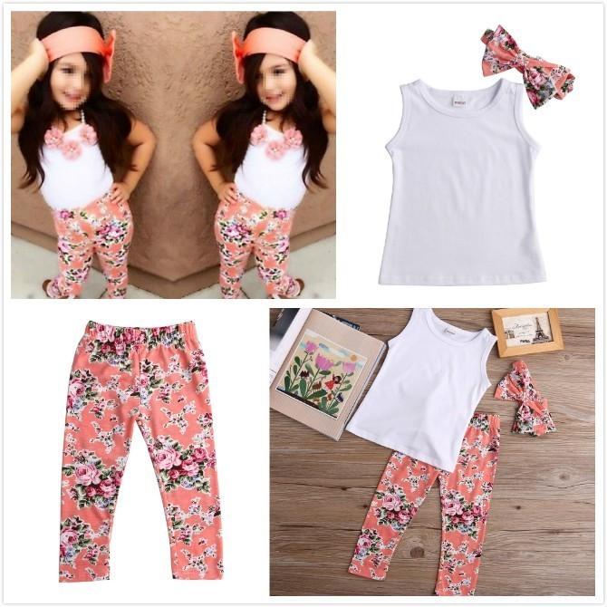 Adorable Toddler Girls Kids Floral Tops Pants Trousers Headband 3pcs Outfits Set Clothes