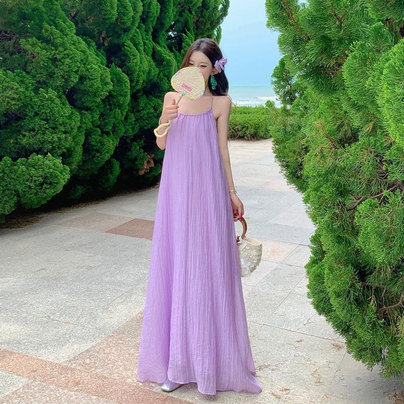 French Tourism Seaside Vacation Style Temperament Neck Sling Dress Women's Summer Design Loose Purple Dress