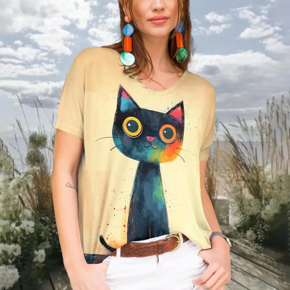 Summer Women Fashion V-Neck T-shirt Casual Cartoon Cat Tops Tees Female Colorful Short Sleeve Clothing Ladies Vintage Streetwear
