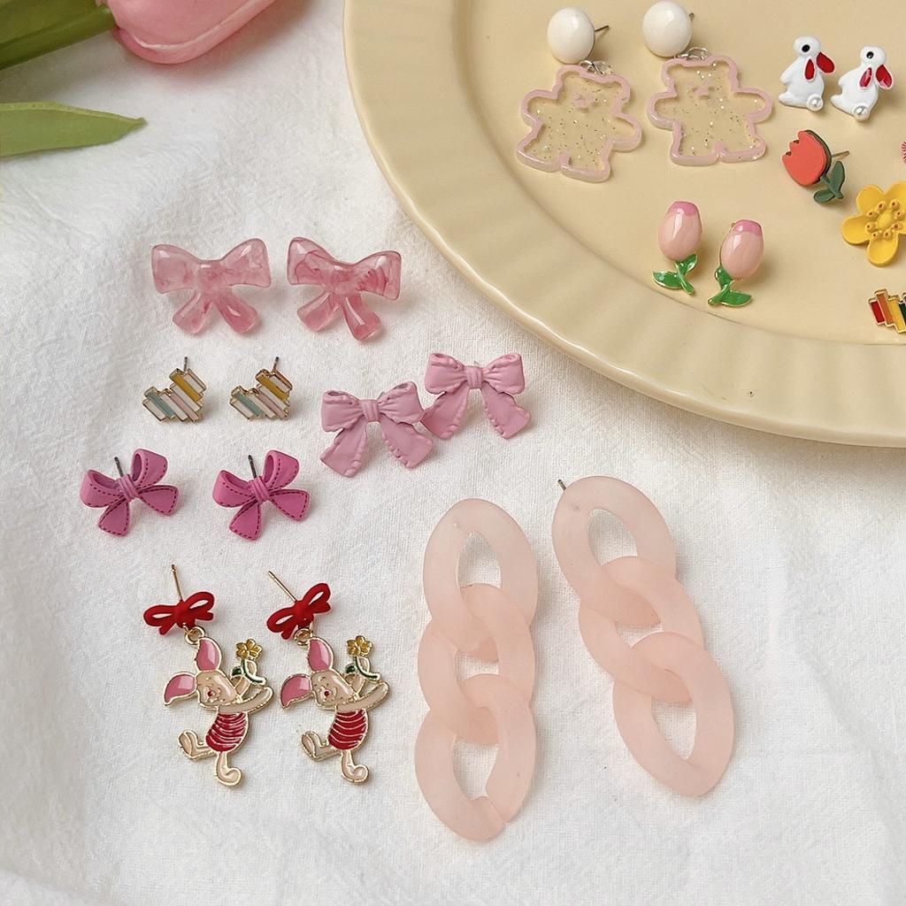 Fresh And Sweet Cute Piggy Bow Flower Bear Stud Earrings Female Soft Girl Temperament Versatile Stud Earrings Pendant