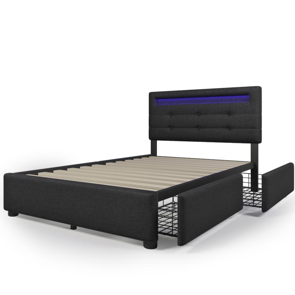 Bed Frame with LED Lighting, 2 Drawers, Single Upholstered Bed 90x200cm, Height-Adjustable Headboard, Wooden Slatted Frame, Black (Without Mattress)