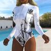 Women Long Sleeve One Piece Swimsuit Zip Front  Sea Turtle Print Rash Guard Surfing Bathing Suit