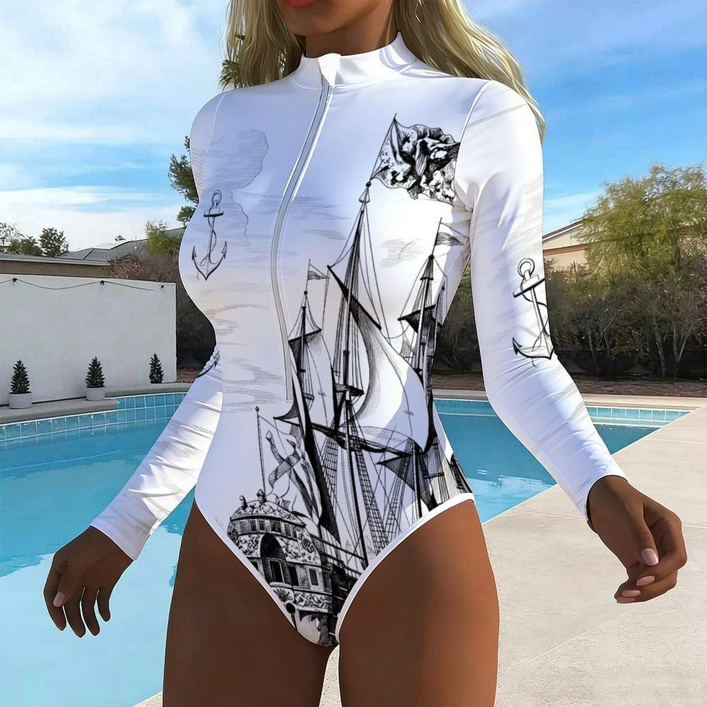 Women Long Sleeve One Piece Swimsuit Zip Front  Sea Turtle Print Rash Guard Surfing Bathing Suit