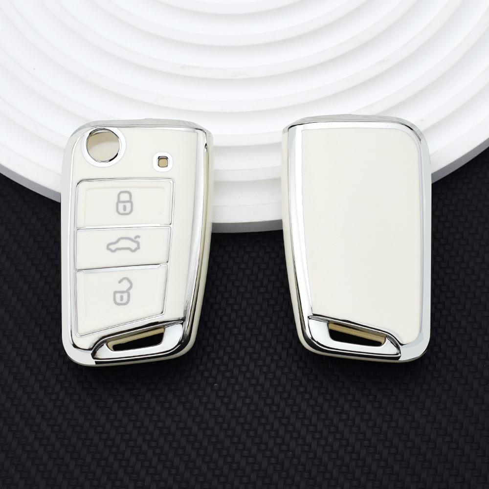 Husă de cheie pliabilă TPU moale cu margine argintie, husă protectoare pentru VW Volkswagen Polo Golf 7 MK7 Tiguan pentru Skoda Octavia A7 SEAT
