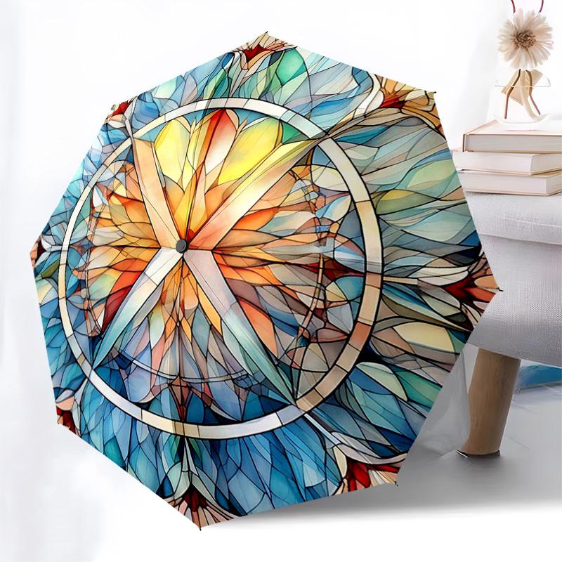

1pc Stained Glass Mandala Design Automatic Opening Folding Umbrella with 8-Bone Iron Frame, Suitable for Fans, Travel, Daily Use, Outdoor, Festive Gif