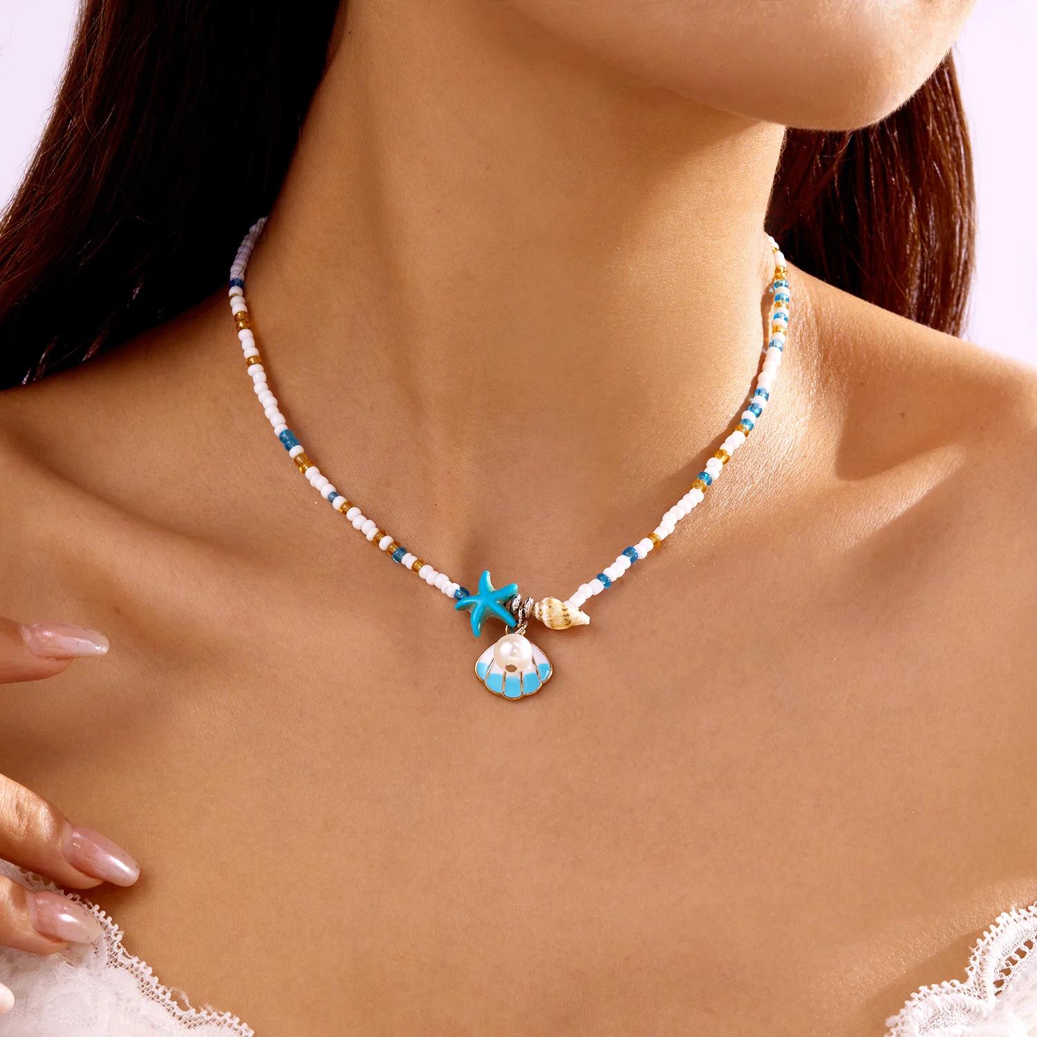 Bohemian Style Colorful Rice Beads Necklace Women Shell Starfish Conch Pendant Beaded Choker Necklaces for Beach Party Jewelry