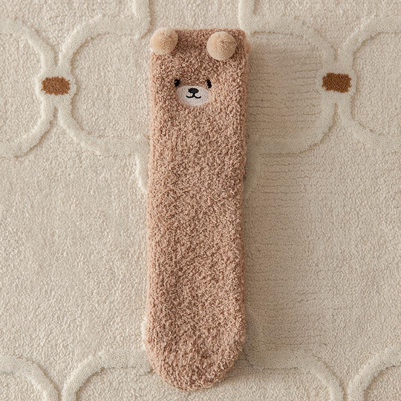 

No-Shed Coral Fleece Socks for Women & Girls: Cute Bear Design, Thick Fleece, Mid-Calf, Perfect for Autumn/Winter Sleep. One Size