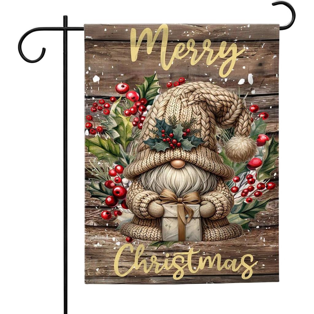 Merry Christmas Gnome Garden Flag Double-SIDED Outdoor Yard Decor | Wood Grain Holly Red Berry Outdoor Porch Banner Farmhouse Holiday Gift Decor