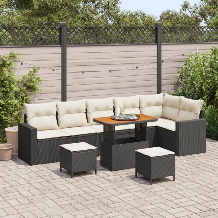 Ensemble de canapé de jardin 9 pièces avec coussins Noir Poly Rattan Acacia, Ensemble de salle à manger de jardin 3 pièces 3361635