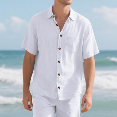 Camisa Masculina Casual Solta de Linho de Cor Sólida com Manga Curta, Botões e Bolso no Peito