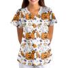 Women's Halloween Print Loose Fit V Neck Short Sleeve Nurse Scrub Top with Pockets Casual Medical Uniform Shirt
