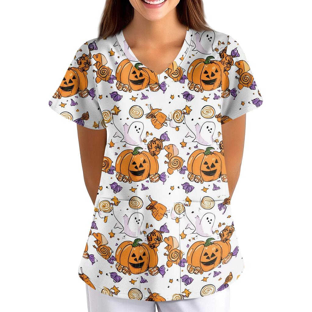 Women's Halloween Print Loose Fit V Neck Short Sleeve Nurse Scrub Top with Pockets Casual Medical Uniform Shirt
