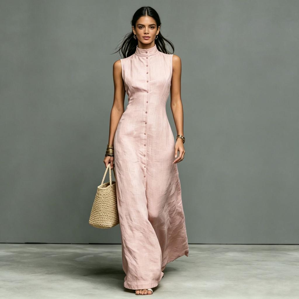 Damen ärmelloses Maxikleid mit hohem Kragen und Knöpfen, einfarbig, lässig, locker sitzend, Sommerkleid