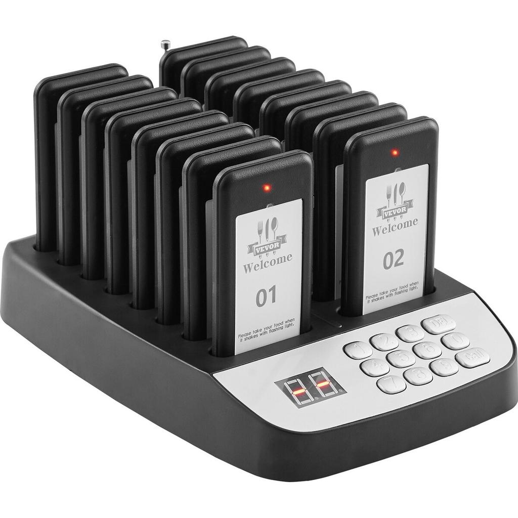 Restaurant-Pager-System, Kabellos 500m Reichweite Aufstell-Warteschlangen-Signal, Gäste-Kunden-Ruf-Piepser mit Vibration & Blinken, 16 Piepser