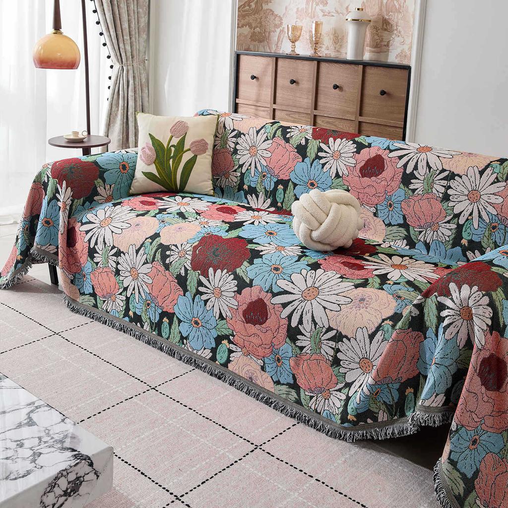 Fresh Floral Linen Sofa Throw Blanket Cover American Country Vintage One Piece All Season