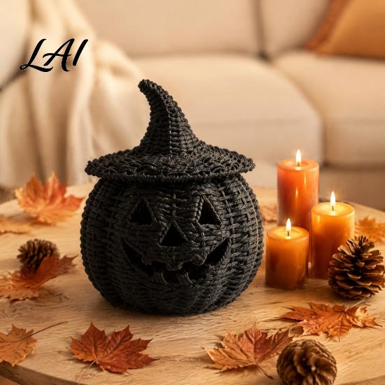 Uniek Seizoensgebonden Cadeau Halloween Hars Pompoenmand Nep Geweven Lantaarn Ornament Spookachtig Gotisch Huisdecor Zwarte Snoeppot voor Tafelblad Schouw
