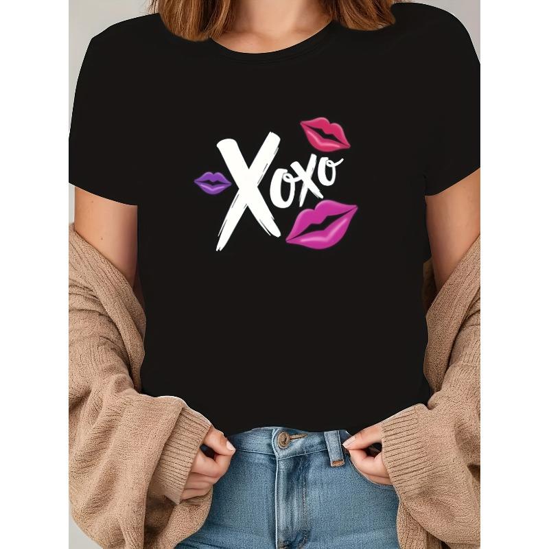 

Women s XO Lip Print Tee Casual Short Sleeve Crew Neck Stylish Everyday Top S