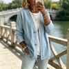 Einfarbige Damenjacke Damen Knopfleiste Kunst-Denimjacke, V-Ausschnitt Langes Hautfreundliches Mantel-Ärmel Freizeitmantel, Vintage Lockerer Schnitt Imitation Jeans