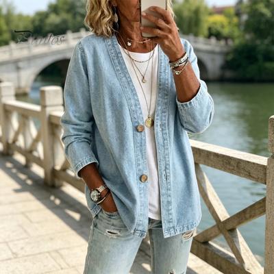 Jednobarevná dámská bunda Dámská bunda z umělého denimu s knoflíky vpředu, V-výstřih Dlouhý Šetrný k pokožce Rukáv Ležérní kabát Vintage Volný střih Imitace džín