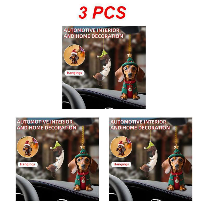 1~10PCS New Christmas 2D Fun Dachshund Dog Pendant Car Rearview Mirror Pendant Car Interior Accessories Christmas Tree Decor For