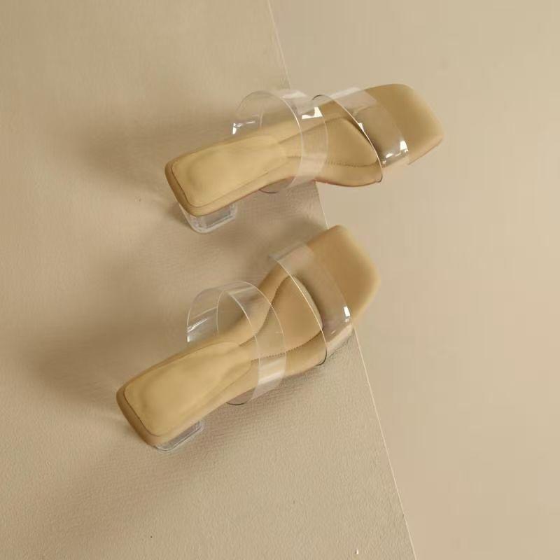 Transparent high-heeled thick-heeled women's cool slippers 2025 summer new crystal high-heeled shoes fairy style word with sandals
