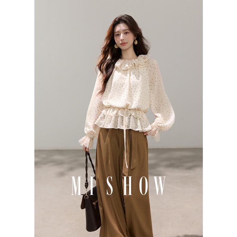 Retro Polka Dot Ruffle Chiffon Blouse S