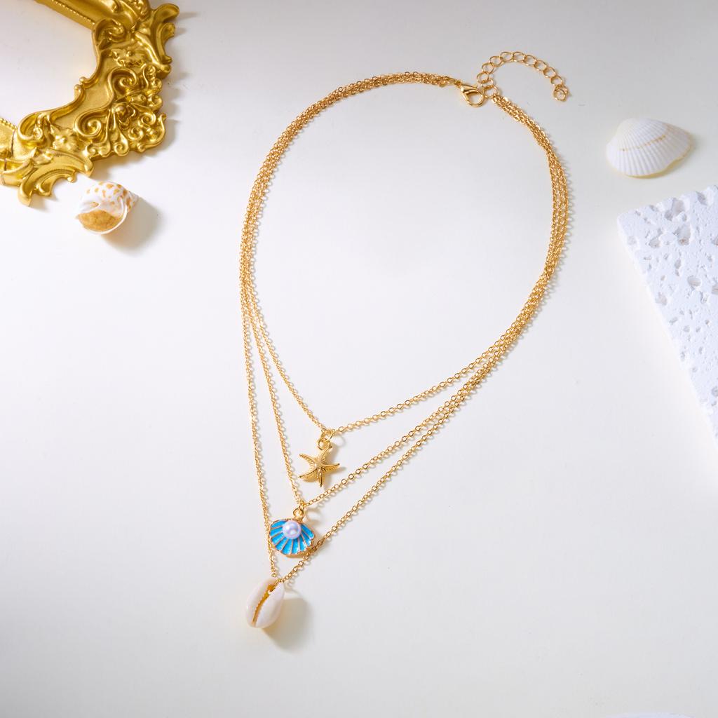 Boho Starfish Shell Conch Pearl Pendant Necklace for Women Trendy Gold Color Layered Chain Necklaces Summer Beach Party Jewelry