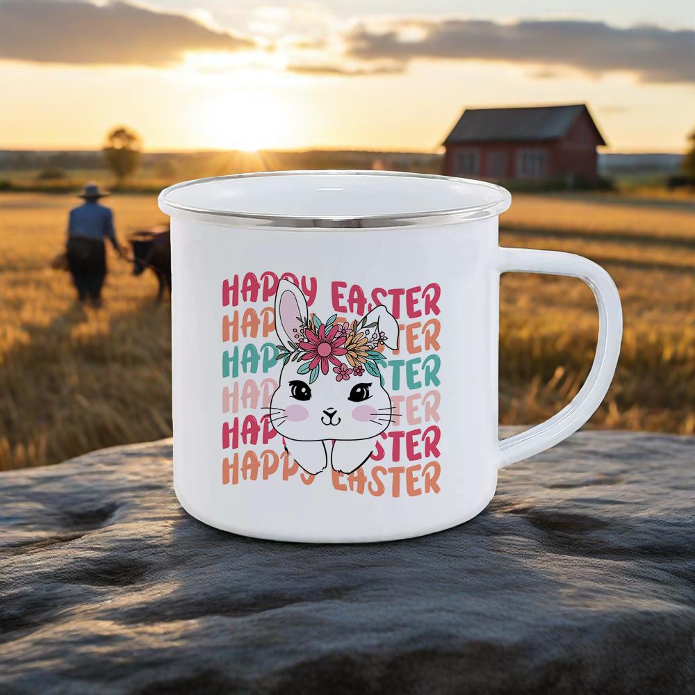 Cute Rabbit Pattern Breakfast Cups Soft Charming Color Milk Cola Mug For Camping Hiking Safe Durable UseHappy Easter Enamel Mug