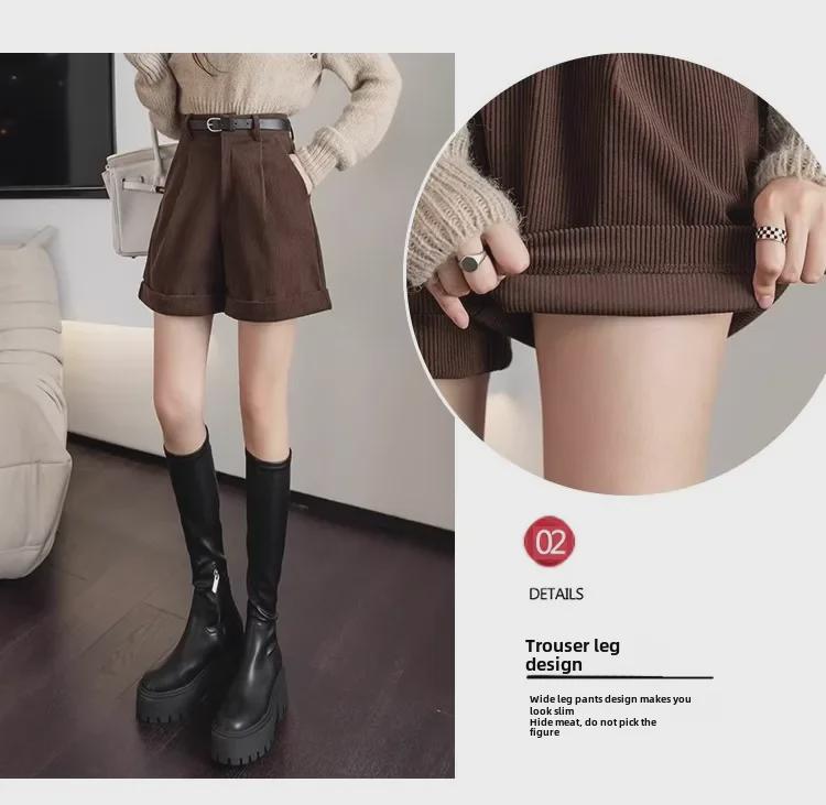 Dámské manšestrové kraťasy s vysokým pasem a áčkovým střihem – módní korejský styl na podzim/zimu