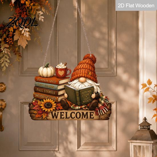 Autumn Harvest Theme Sign Fall Thanksgiving Wooden Door Hanger, 2D Sunflower Pumpkin Gnome Wall Holiday Ornament Plaque, Rustic Farmhouse Hanging