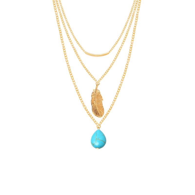Colier cu pandantiv cu pene turcoaz în mai multe straturi pentru femei în stil boho, cadou cu lanț de pulover