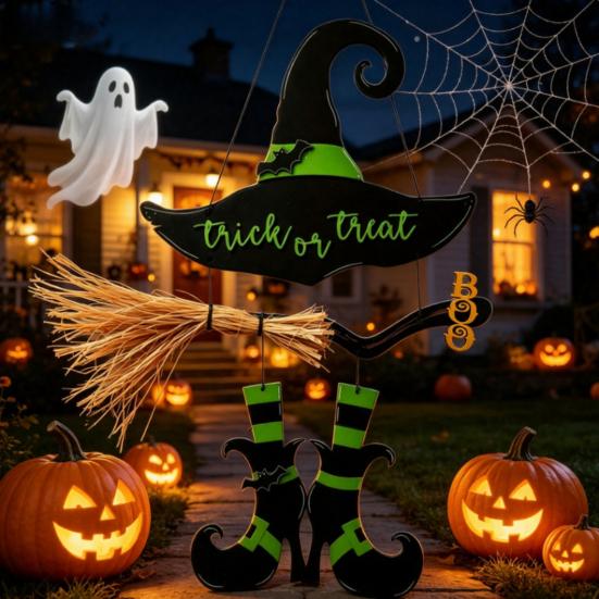 Hanging Wall Decor Halloween Witch Hat Boot Sign, Trick or Treat Decoration Or Sign for Home Room, Wooden Front Door Hanger Holiday Party,