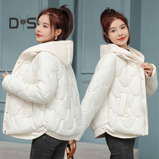 Women Winter Coat Fake Two-piece Zipper Button Closure Padded Hooded Turn-down Collar Pure Color Thin Short Type Down Cotton Filling Jacket
